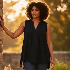 Roamans 12W Black Top Shirt Hidden Button High Low Tank Cap Sleeves. NWOT